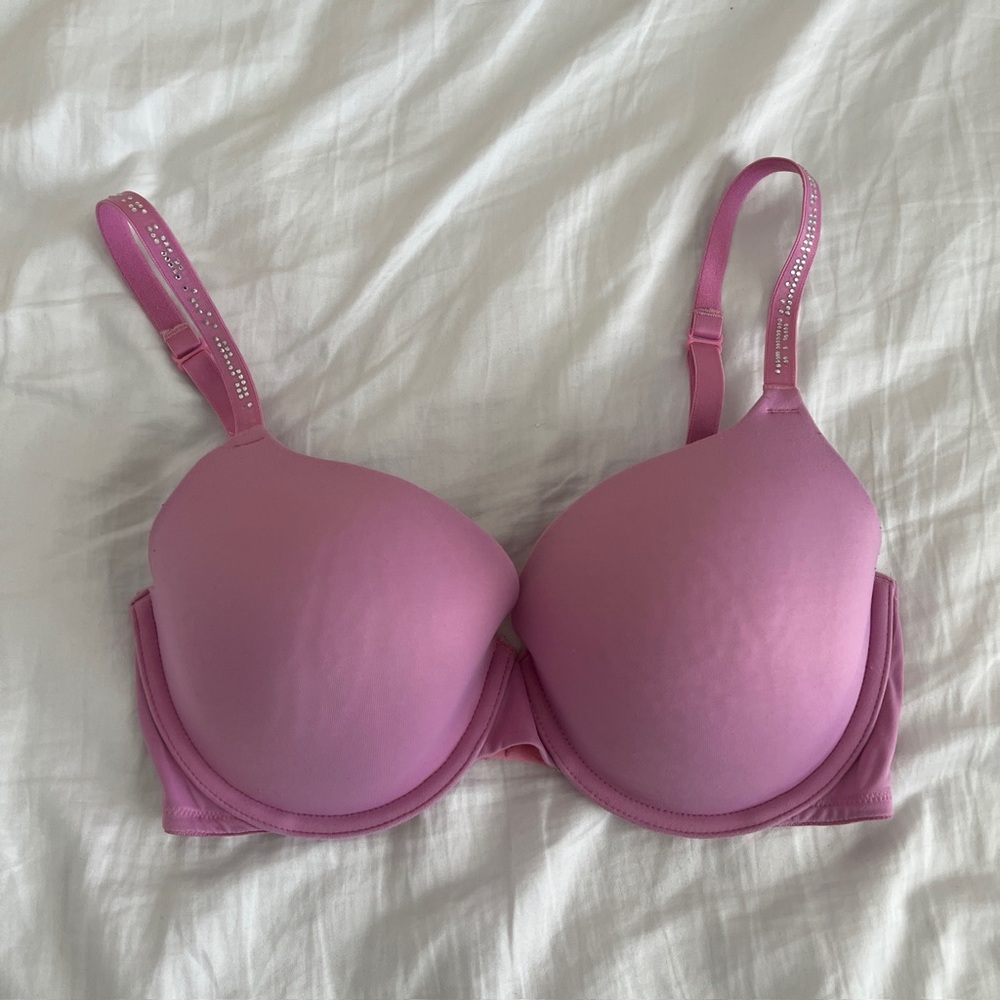 PINK - lightly lined rhinestone strap pink bra (32DD)